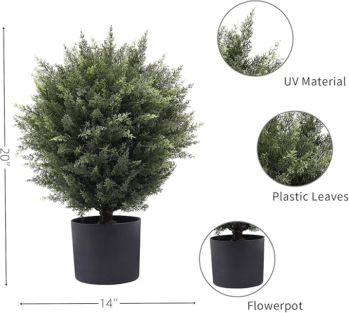 Gonuien 21” Artificial Cedar Outdoor Artificial Shrub Sunlight Resistant Leafy Potted Plant for Indoor Porch of Home and Office Artificial Outdoor Tree 2 Pieces a Set Topiary Trees