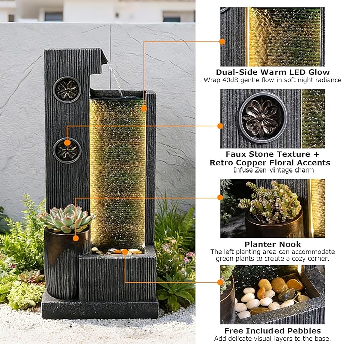 37’’ Tall Waterfall Fountain Indoor Modern Outdoor Water Fountains with LED Light,Vertical Striped Texture Floor Standing Water Feature for Patio, Yard, Garden or Home Decor