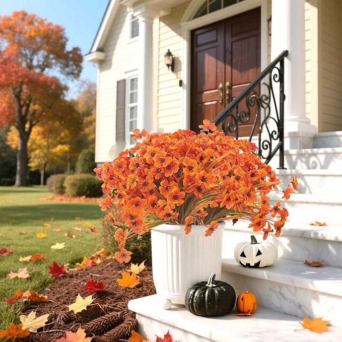 Grunyia 20PCS Autumn Fall Artificial Flowers Outdoor, Fall Porch Decorations, Realistic Waterproof Faux Flowers for Outside Porch Decor, Thanksgiving Halloween Home Garden Decor (Fall Red)