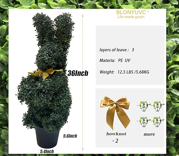 BLONYUVC Bunny-Shaped Topiary Ball 36'' Artificial Tree Rabbit Bowknot Pot UV-Resistant Faux Boxwood Topiaries Plant for Porch Decor Outdoor/Indoor 2 Pack
