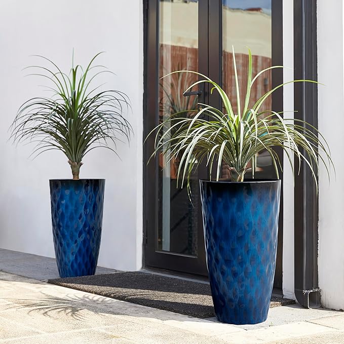 Glitzhome 23.75" H Tall Planter, Set of 2 Wavy Texture Cobalt Blue Large Tall Outdoor Planters, with Drainage Hole, Plastic Large Round Decorative Flower Plant Pot for Indoor, Front Porch