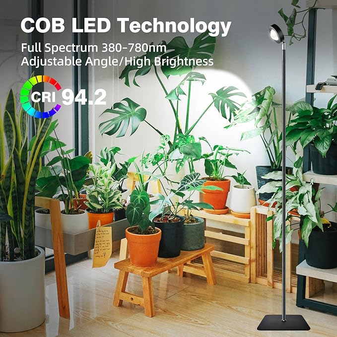 20W Full Spectrum Grow Light, 3000LM High PPFD&CRI COB LED Floor Lamp with 6/8/12H Timer, Adjustable Height (28"-83") & Angle, Grow Lights for Indoor Plants, Succulents & Flowers (6000K Daylight)