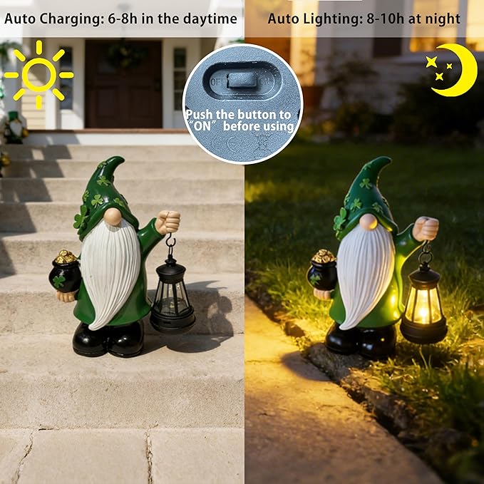St Patrick's Day Gnome Decorations Outdoor, Solar Leprechaun Decor with Pot of Gold, Resin Figurine with Shamrocks & Solar Light for Garden Patio, Holiday Gift for Luck and Fortune
