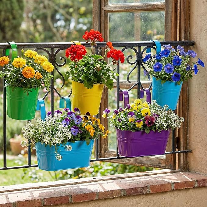 Romooa 16 Pcs Hanging Flower Pots Planters for Outdoor Metal Iron Wall Flower Planter Baskets for Railing Fence Balcony Garden Yard Home Indoor Decoration with Detachable Hooks (Colorful)