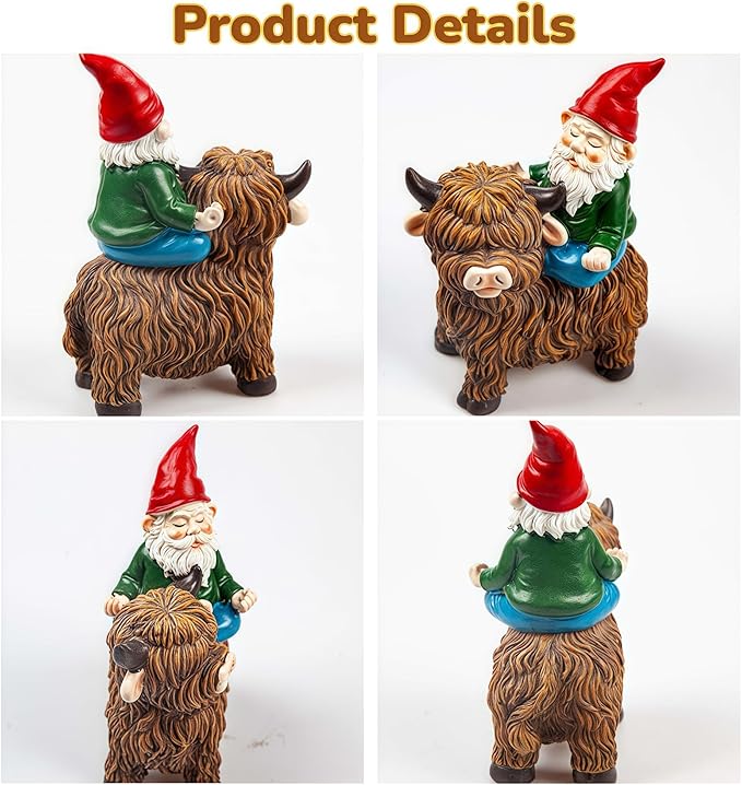 Highland Cow Gnome Garden Decorative Statue Garden Gnomes Decor Outdoor Statues Gnome Suitable for Patio, Back Porch Ornaments, Unique Housewarming, Birthday Gifts for Women, Mom