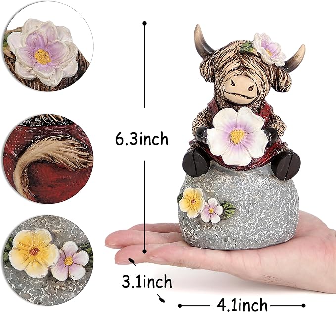 Leekung Highland Cow Garden Statue Decor - Outdoor and Indoor Decorations,Highland Cow Figurine Sitting on Stone Holding Flower for Shelf Bookshelf windowsill Table Desk Lawn Patio Outside,Animal
