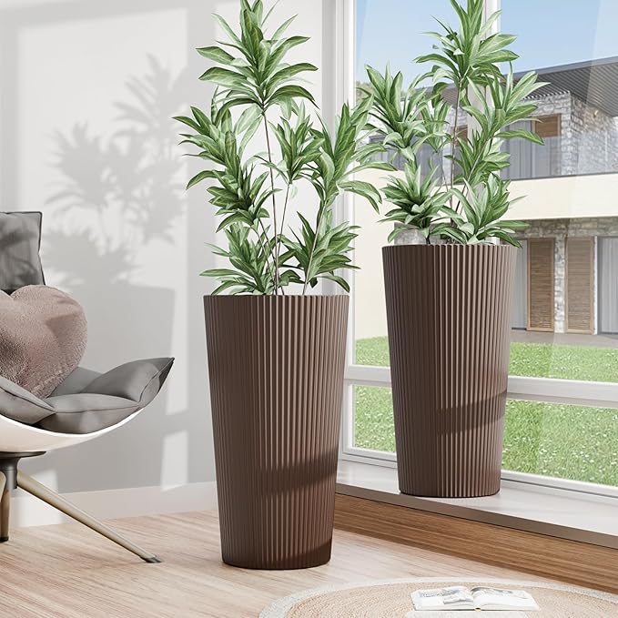 Diyfire Tall Outdoor Planter Front Porch Decor Set of 2-23.6" H Tall Planters for Outdoor Plants with Drainage Hole, Round Conical Design Flower Pots for Indoor/Patio/Garden, Brown