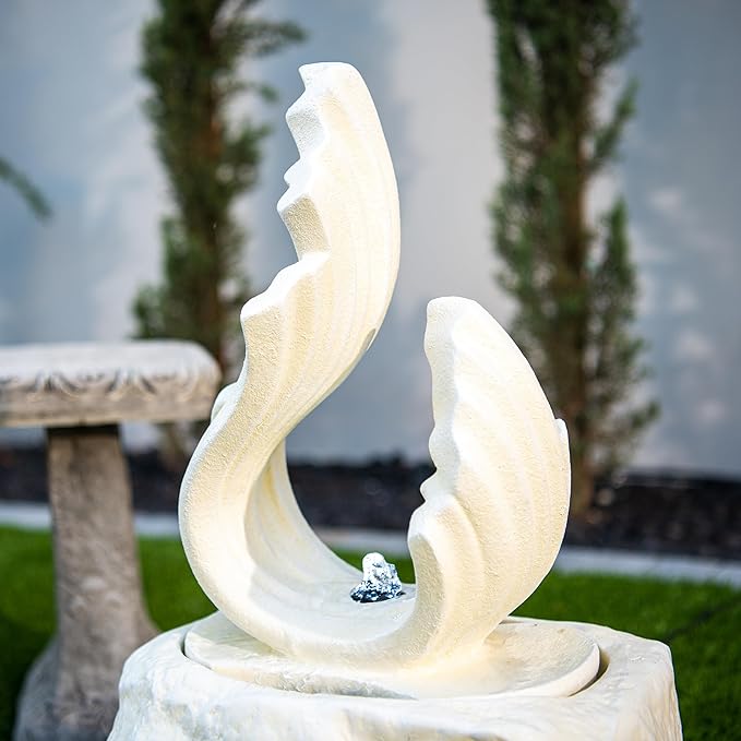 XBrand 25" H Outdoor Garden Water Fountain, Stone-Look Modern Sculptural Freestanding Fiber Resin Fountain with LED Lights for Patio, Backyard, Porch & Lawn, White