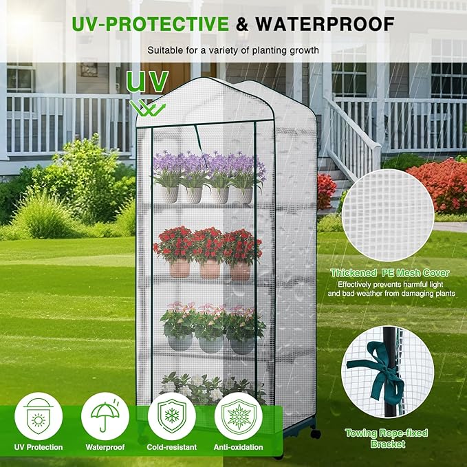 Yesker Mini Greenhouse 27"x20"x63" Portable Indoor / Outdoor Small Green House with 4 Tier 4 Shelves Wheels Thicken PE Cover Compact Greenhouses Kit for Winter Gardening Balcony Patio Backyard, White