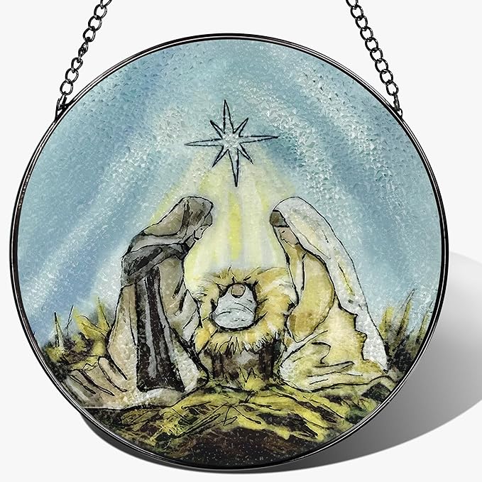 8'' Stained Glass Window Hanging, Nativity Ornament, Religious Suncatcher Ornament, Christian Decor, Holiday Decor, Gift for Christmas, Religious Gifts, Christian Gifts
