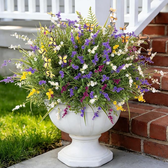 Artificial Fake Flowers for Outdoor Porch Planters Boxes Decoration,12 Bundles Outdoor Faux Fern Plants with Butterfly,UV Resistant Greenery Yard Patio Garden Decor