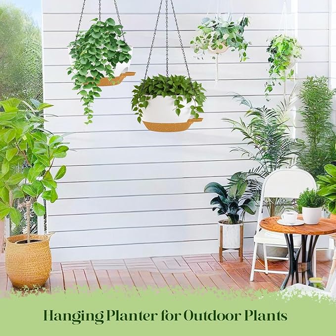 zople 10 Inch Hanging Planters with Chains 2 Pack Self Watering White Brown Plastic Hanging Pots for Indoor Outdoor Plants, Garden Porch Home Decor (White Brown)