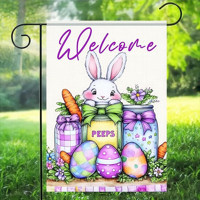 Spring Welcome Garden Flag2x18 Inch Double Sided Happy Easter Garden Flag Bunny Easter Egg Mason Jar Small Garden Flag Flower Yard Lawn Outside Decor Spring Outdoor Home Decoration
