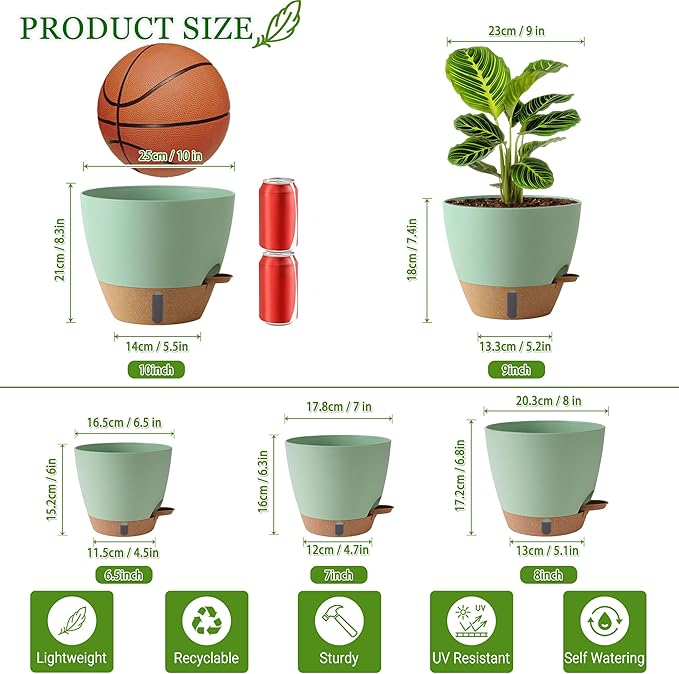 Fielda Self Watering Pots for Inoor Ourdoor Plants 10/9/8/7/6.5 Inch Plastic Planters with Drainage Holes & Water Level Indicator, Decorative House Flower Nursery Planting Pots with Saucers (Green)