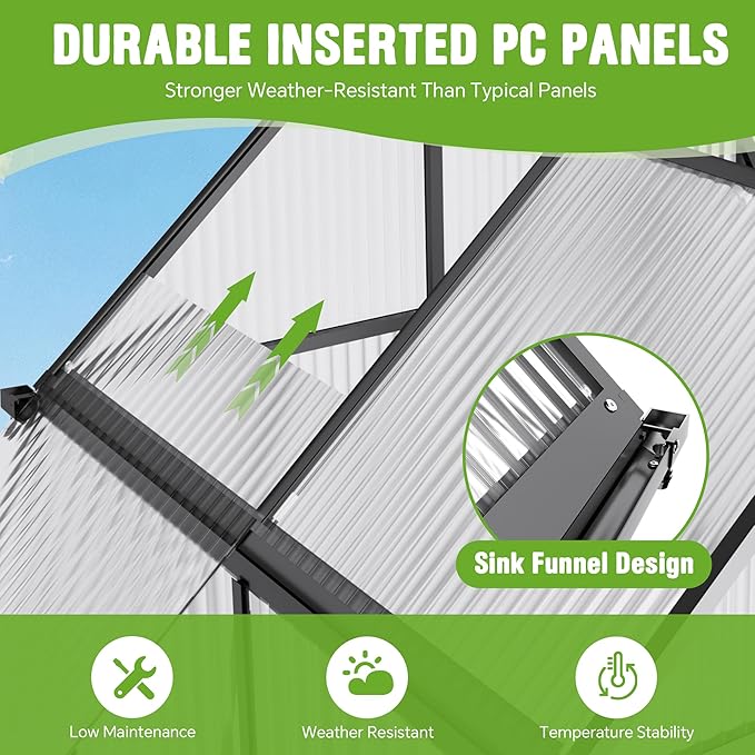 8x16FT Polycarbonate Green House with Roof Vent, Large Aluminum Frame Quick Setup Greenhouse, Walk in Green Houses Heavy Duty for Winter Outside Backyard Garden Patio (8x16FT)