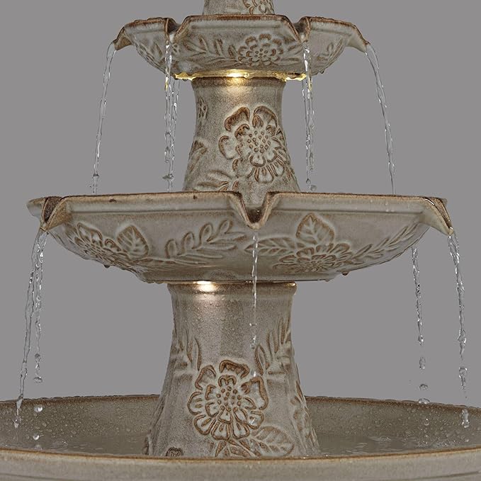 Formentera 45" High Large Italian Outdoor Decor Ceramic Floor Fountain with Light LED Waterfall 3-Tier Standing Basin Water Feature for Outside Garden Patio Yard Backyard Porch - John Timberland