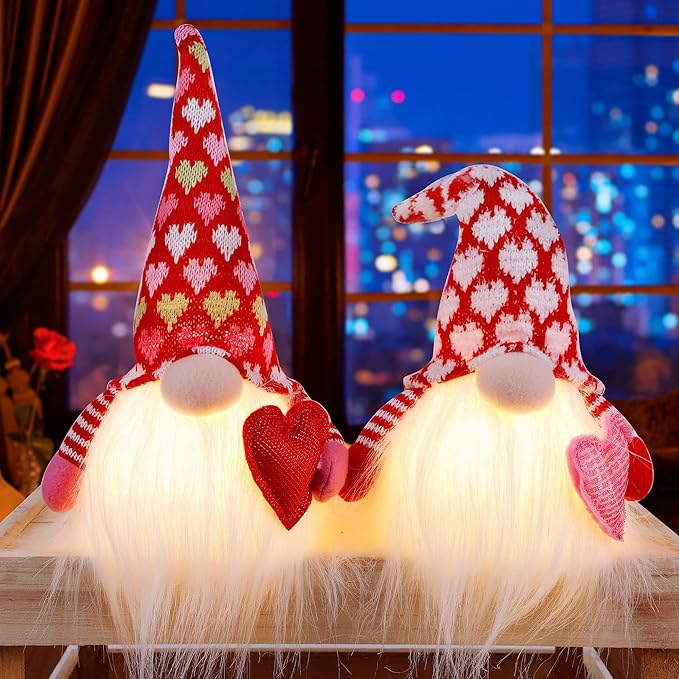 Juegoal 2 Pack Lighted Valentines Gnomes Decorations, Handmade Mini Scandinavian Swedish Tomte, Light Up Elf Holiday, Battery Operated Valentine Gift Tabletop Ornament