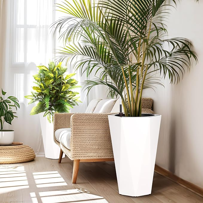 Set of 2 Tall Planters for Outdoor Plants, 22.5" Large Planter Pots with Drainage Holes & Water Level Monitor, Self-Watering Flower Pots for Patio, Porch, Garden, Front Door Decor, Indoor Outdoor