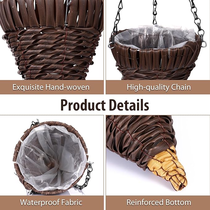 2 Pcs Hanging Plant Flower Basket for Outdoor Spring Decoration, 7.87 Inches Black Iron Chain Wicker Woven Conical Artificial Flower Hanging Basket, Plants Not Included (Coffee)