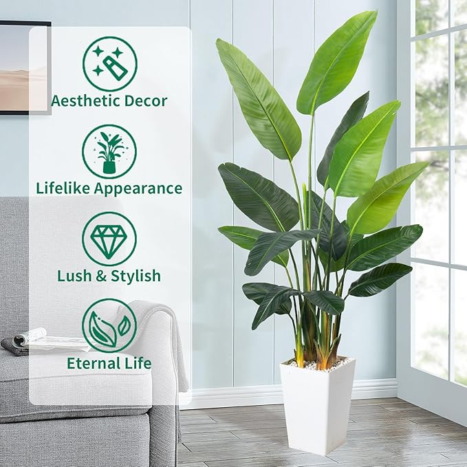 HAIHONG Bird of Paradise Artificial Plant 6.8FT, Faux Tropical Palm Tree with White Tall Planter, Large Fake Plants in Pot - Artificial Tree for Home Office Living Room Decor Indoor