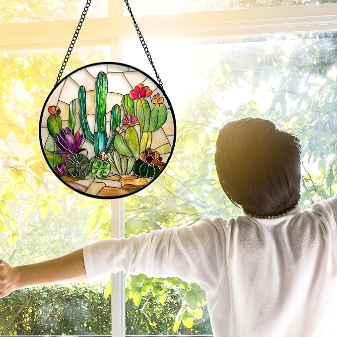 DASTOLL Stained Glass Window Hanging, White Green Cactus Suncatcher Diamond Glass Panel Hangings Sun Catchers Decor for Birthday for Women, Men, Wife, Aunt, and Mom 11.8x11.8 in
