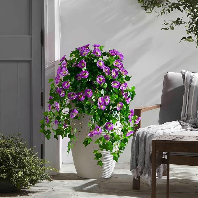 Morning Glory Artificial Hanging Flowers for Outdoors 3 Pcs Fake Petunias Flower Faux Silk Long Trailing Vines Realistic Flower for Front Door Porch Patio Balcony Garden Yard Decor (3 Pcs Purple)