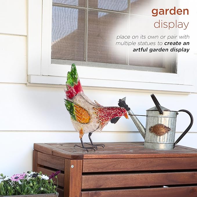 Alpine Corporation ORS858 Indoor/Outdoor Metal Pecking Hen Decorative Garden Statue, 21" H, Multicolor