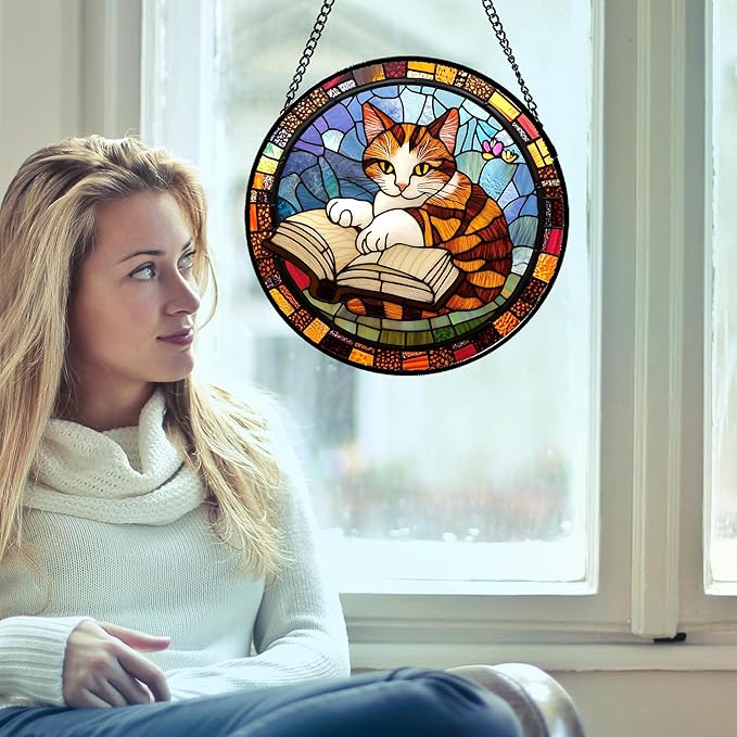 DASTOLL Stained Glass Window Hanging Little Cat Reading Large 11.8" - Suncatcher Door Garden Kitchen Sunroom Sun Catcher Home Decor Birthday for Lost Pets Mom Grandma Men Woman Friend