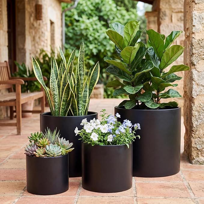FaithLand Plant Pot 12 inch - Perfectly Fits Mid-Century Modern Plant Stand - Drainage Plug and Drainage Mesh Screen - Matte Black