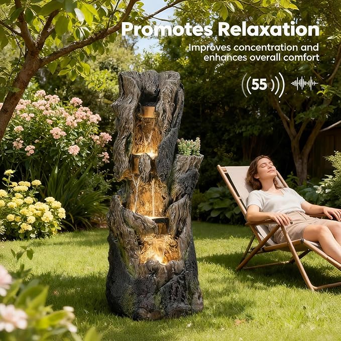 Water Fountain Outdoor 4 Tier Large 43.7 in High Cascading Wood Waterfall with LED Lights, Realistic Tree Sculpting Natural Waterfall Outdoor Fountain for Yard, Garden, Patio, Porch