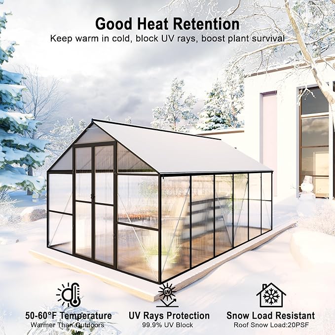 8X12 FT Polycarbonate Greenhouse, 6 FT Height Aluminum Large Green Houses for Outside Heavy Duty, Quick Setup Walk in Greenhouses with 2 Roof Vent and Rain Gutter for Outdoor, Black (143"Wx96"Dx77"H)