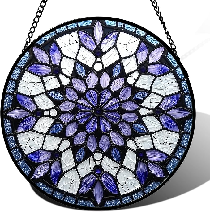 AMDERVEN Stained Glass Window Hanging, Purple Blue Tiffany Style Flowers Sun Catcher for Window Door Home Decor Suncatcher Christmas Mother's Day Birthday Gifts for Women Men Mom Nana 9.8 in