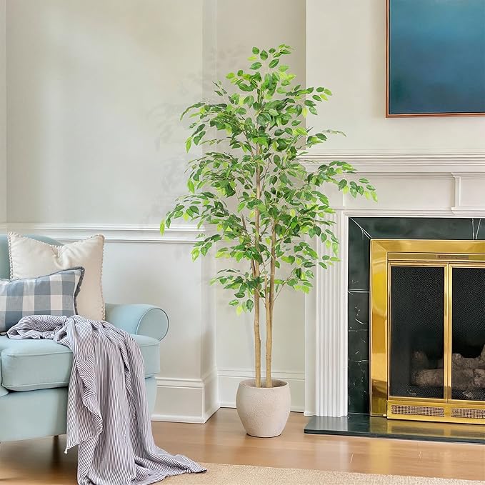 Tall UV Resistant Ficus Tree Artificial，5ft(60in) Faux Ficus Tree with Realistic Smooth and Shiny Leaves， Fake Trees Indoor Outdoor for Home Office Living Room Bedroom Foyer Porch Decor.