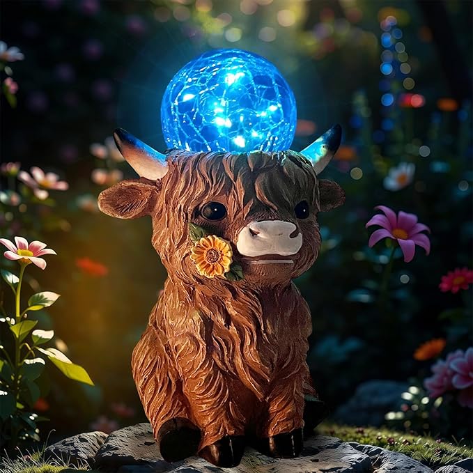 HONGLAND Highland Cow Solar Outdoor Statues for Garden, Outside Decor with Color Changing Lights for Yard Lawn Ornaments Porch Patio Balcony Home Farmhouse, Birthday Gifts for Grandma Mom Women
