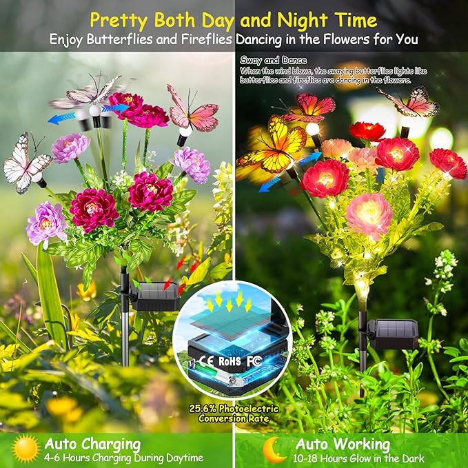 GARPAR Solar Garden Lights, 6 Pack Swaying Solar Lights with 18 Butterflies & 42 Blooming Flowers, Solar Flowers Lights Outdoor Waterproof, Solar Outdoor Lights for Yard Patio Garden Decor, Gift