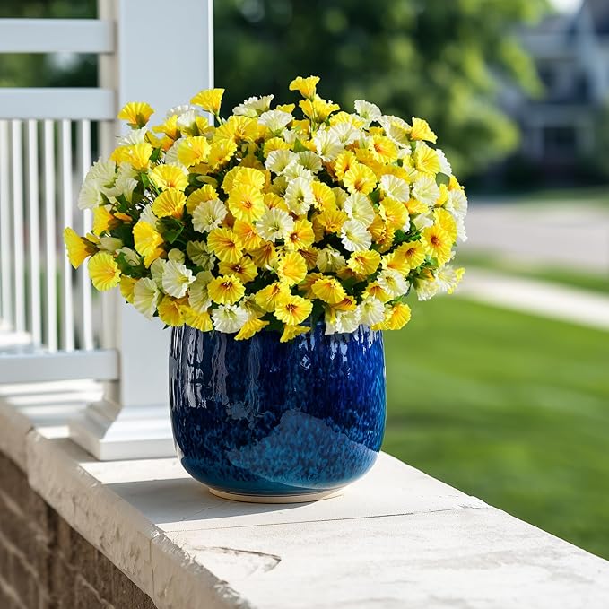 Artificial Morning Glory Flowers Plants for Outdoor 8 Pcs Faux Silk Petunias Flower Realistic Faux Flowers Plants for Outside Planter Porch Yard Patio Balcony Home Indoor Decor (8 Pcs Yellow+White)