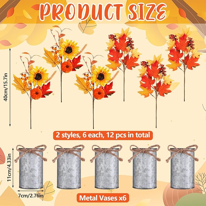 6 Pack Fall Fake Potted Plants Thanksgiving Floral Arrangements Artificial Sunflowers Maple Leaf Berry Pumpkin Metal Pots Faux Flower Harvest Holiday Table Centerpieces Rustic Mantel Decor
