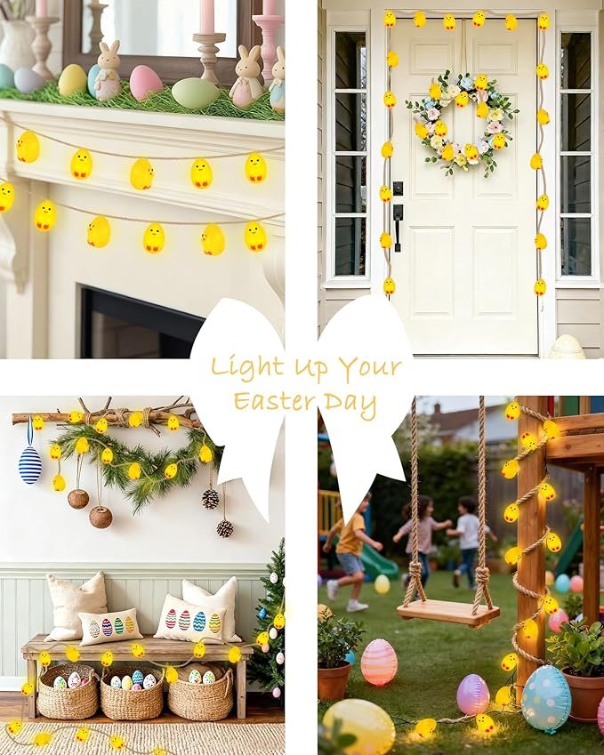 YIQU Easter Decoration String Lights, 10FT 12LED Indoor Chick Mantel Garland Battery Operated with Remote Timer 8 Modes, Hemp Rope Banner for Fireplace Table Wall Spring Party Indoor Outdoor Decor