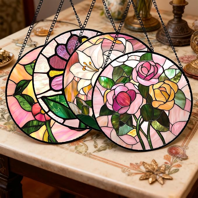 DASTOLL Stained Glass Window Hanging 4 Pcs Set Pink Floral Theme Large 11.8" - Flowers Suncatcher Door Garden Sun Catcher Decor Birthday Christmas for Mom Woman Nana Men Friend