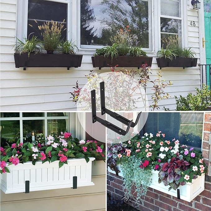 Adjustable Window Planter Box Brackets 6 Pack, Heavy Duty Wall Mount Flower Box Holder for Planter Box Depth (Front to Back) 6 to 12 Inches, Black