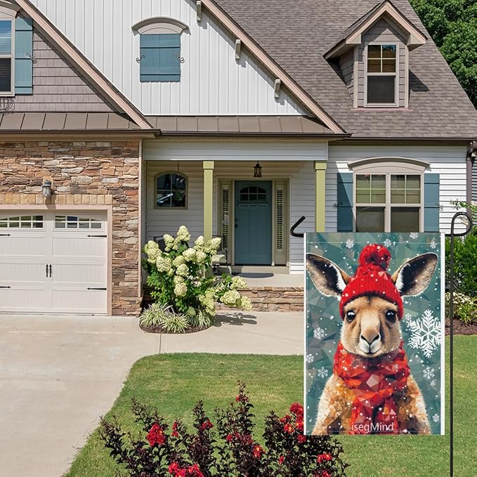Kangaroo with Red Scarf and Hat Snowflake Christmas Garden Flag, 28x40 Inch Double Sided Linen Holiday Red Winter Farmhouse Yard Outdoor Decoration (4334)