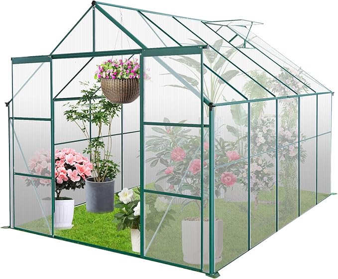 Favfurish 8×10 FT Greenhouses for Outdoors,Polycarbonate Greenhouse, Aluminum Heavy Duty Walk-in Garden Plants Green Houses, Raised Base and Double Sliding Door for Outside Backyard, Green