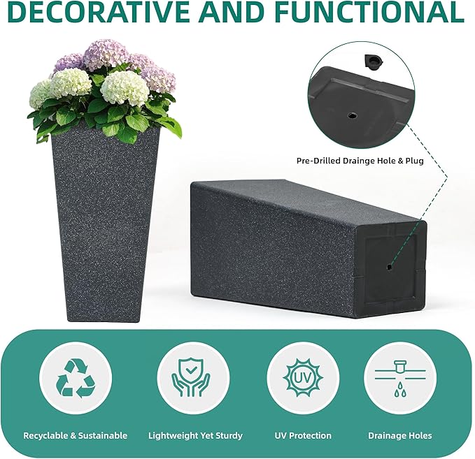 Autodaya 28" Tall Planters Set of 2, Oversized Terrazzo-Look PP Outdoor Pots for Plants, Versatile Indoor/Outdoor Flower Pots w/Drainage Hole for Patio, Garden, Porch & Living Room Decor, Ideal Gift