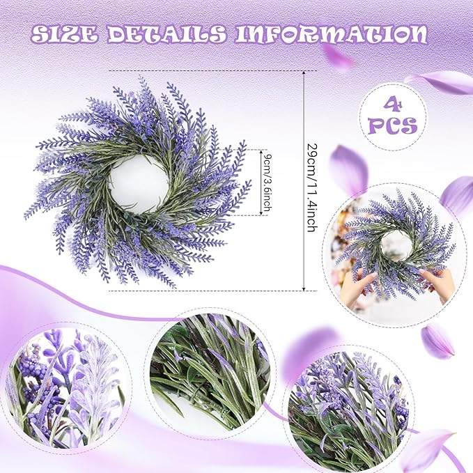 4 Pcs Lavender Candle Rings Wreaths Mini Purple Wreath Table Centerpieces 3 Inch Floral Wedding Ring Wreaths Pillar Lavender Candle Holder for Spring Summer Home Door Party Decoration
