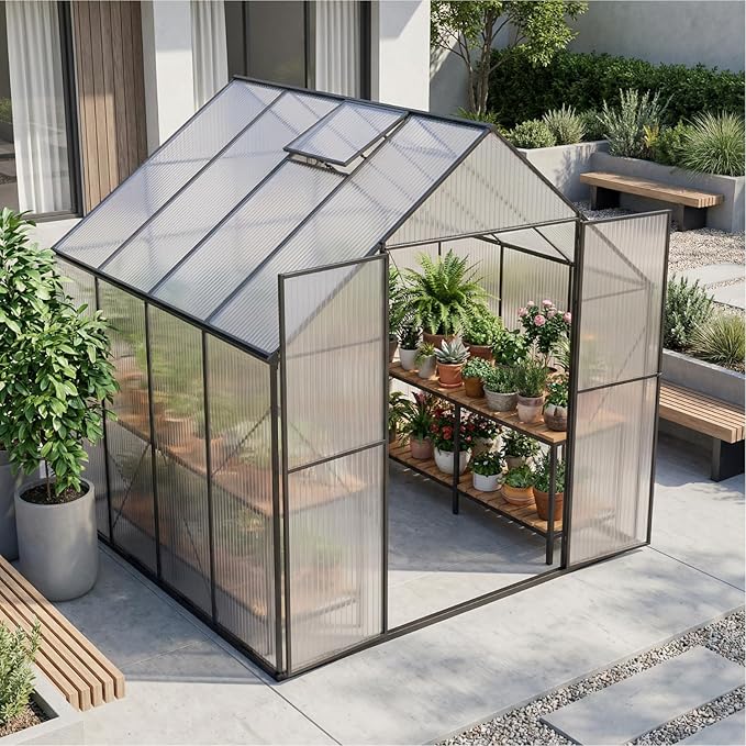 8×8 FT Walk-in Greenhouse Polycarbonate Greenhouse for Outdoors, Heavy Duty Backyard Garden Greenhouse with Aluminum Frame, Clear Panels, Adjustable Roof Vent, Rain Gutter System