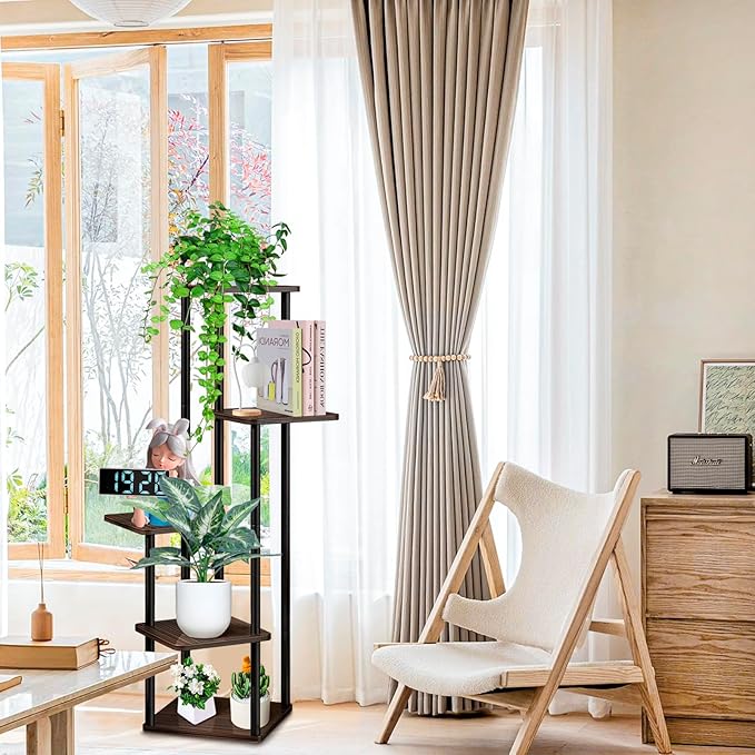 YOCOMEY 5 Tier Wood Tall Plant Stand Metal Rack Indoor, Multiple Flower Pot Holder Shelves Corner Rack, Planter Shelf Display Rack Storage Organizer for Patio Living Room Balcony Garden(Black Oak)