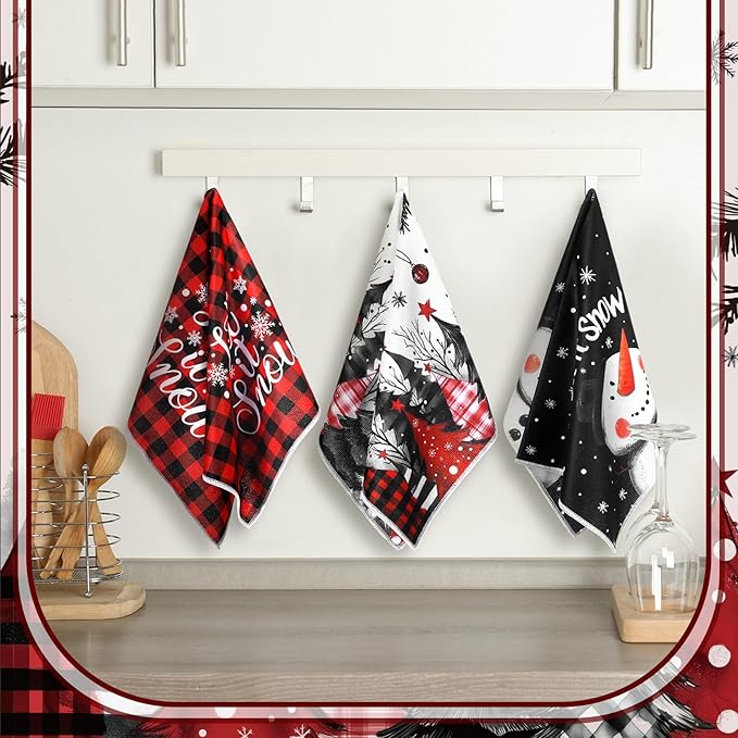 Bencailor 16 Pcs Christmas Kitchen Towels Xmas Holiday Hand Dish Towels Buffalo Plaid Snowman Truck Tea Dishcloths for Christmas Winter Holiday Kitchen Bathroom Home Decor Gifts