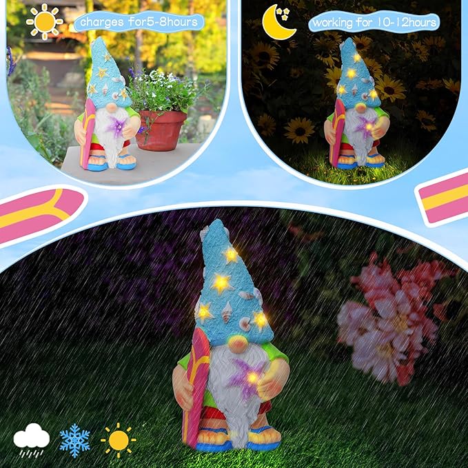 RICHIE Womens Gifts Solar Garden Outdoor Statues Gnome with Surfboard and 5 LED Lights - Unique Housewarming Gifts Lawn Decor Statue for Patio, Balcony, Yard Ornament- Chrismtas Gifts for Mom Grandma