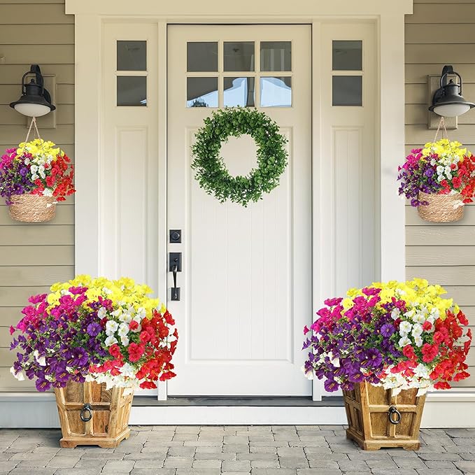 Artificial Flowers for Outdoors 12 Bundles Realistic Faux Plants UV Resistant Fake Silk Morning Glory with Eucalyptus for Front Door Planter Patio Porch Spring Summer Decoration (6 Mixed Color)