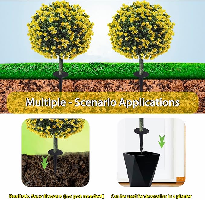 R’s Ceder Artificial Boxwood Topiary Ball Trees with Yellow Rose, 2 Set of 19'' UV Resistant Fake Evergreen Shrubs Bushes Plants with Ground Spike Fake Plants for Outdoor Indoor Front Porch Garden